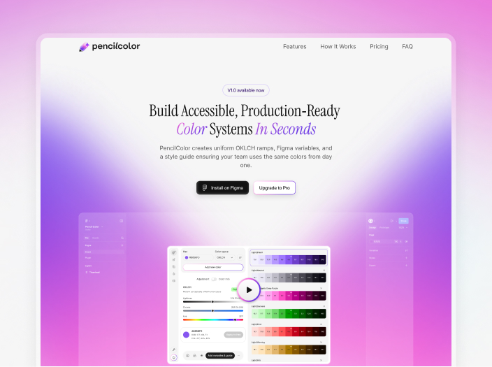 PencilColor website interface showcasing color system features and Figma integration.