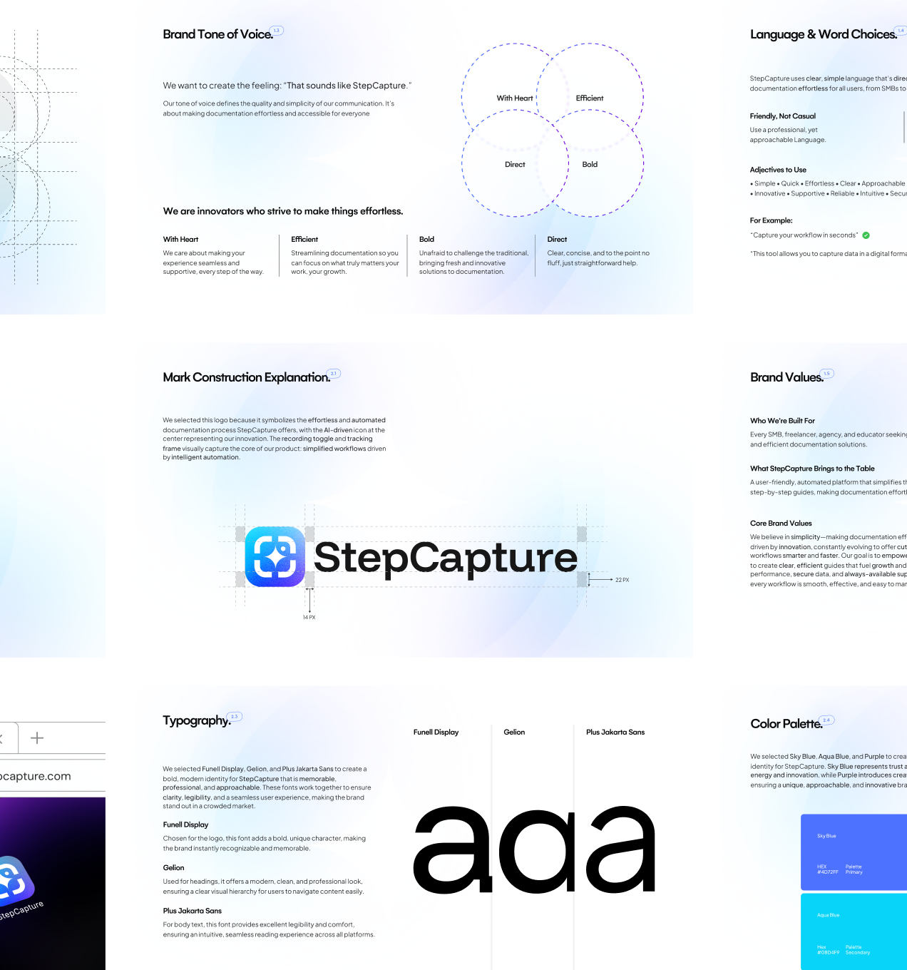 Brand identity design with logo, typography examples, color palette, and brand values.