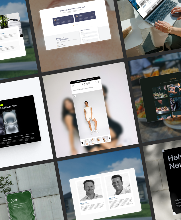 Website mockups: customer testimonials, online store, mobile phone, and laptop displays.