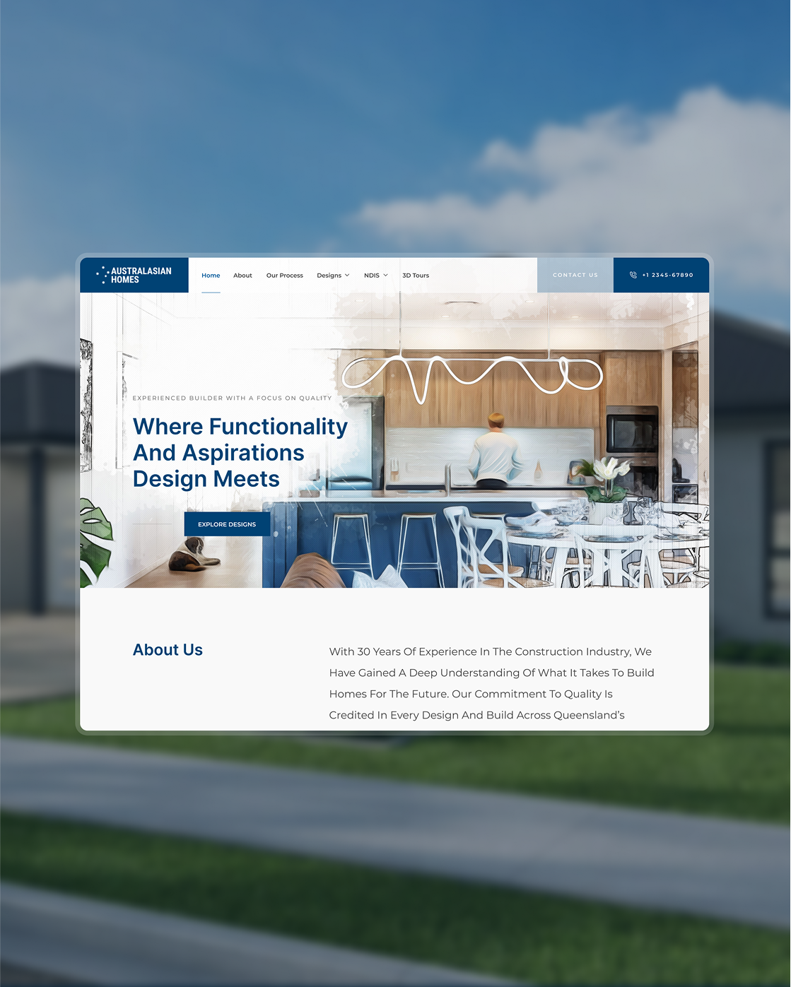 Website homepage showcasing a modern kitchen design and company details.