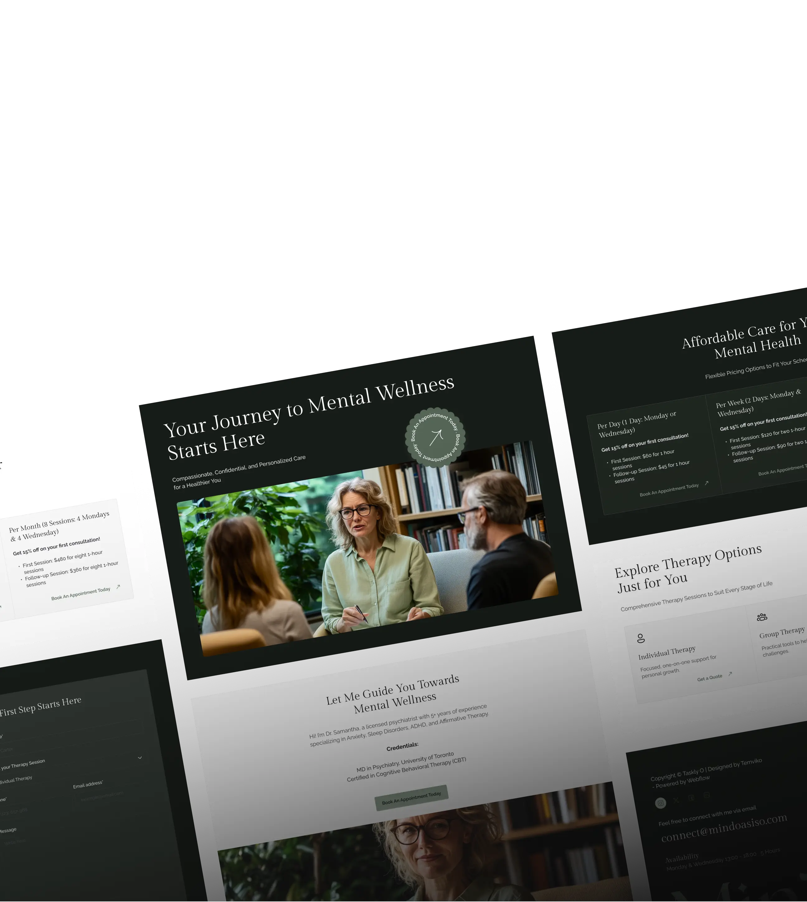 Web design with mental wellness services, including therapy options, pricing, and contact information.