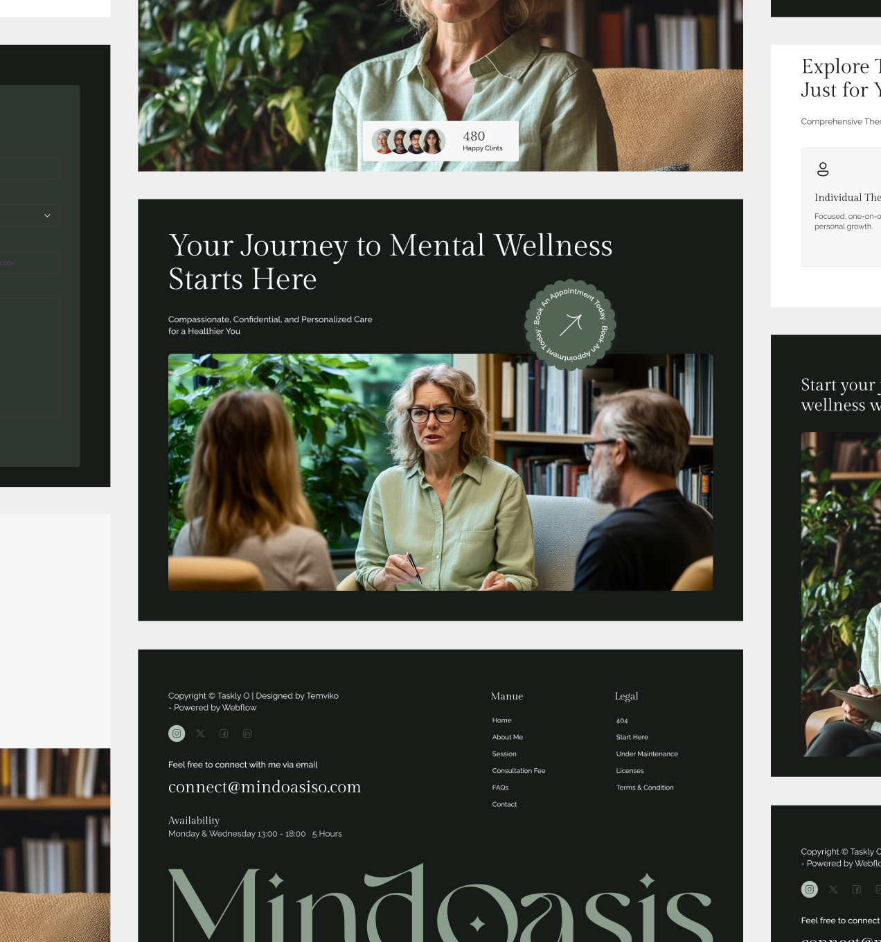 Woman therapist speaking with a client, website design promoting mental wellness services.