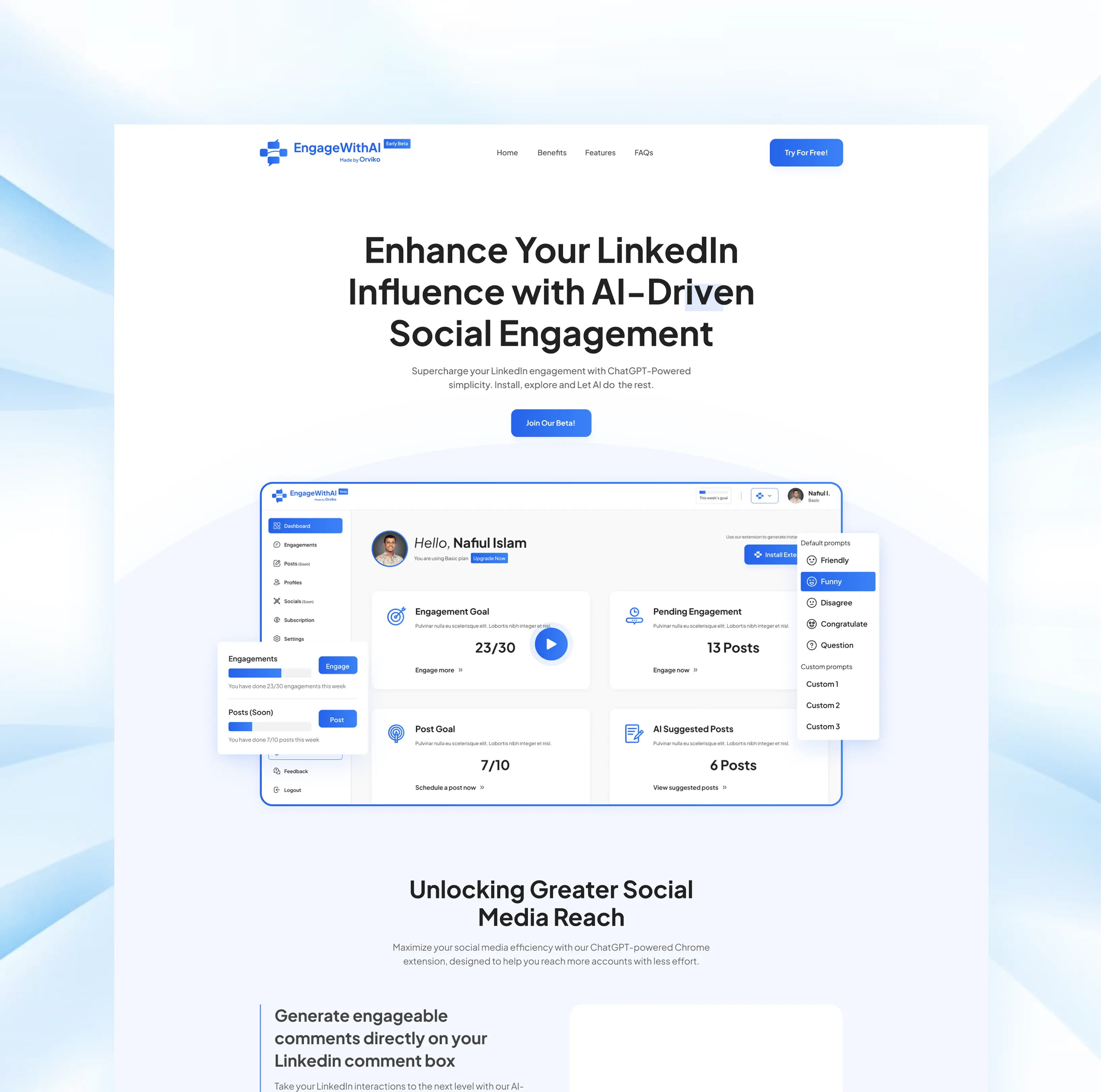 Website interface showcasing LinkedIn engagement tool with AI-driven features and comment prompts.